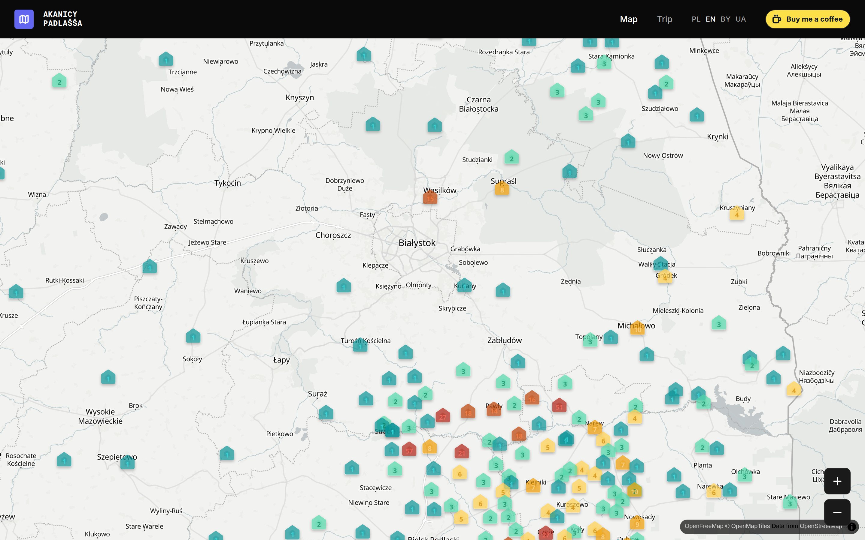 Zoomed Akanicy map around Białystok — house-shaped pins labeled with village house counts, including 57 and 51.