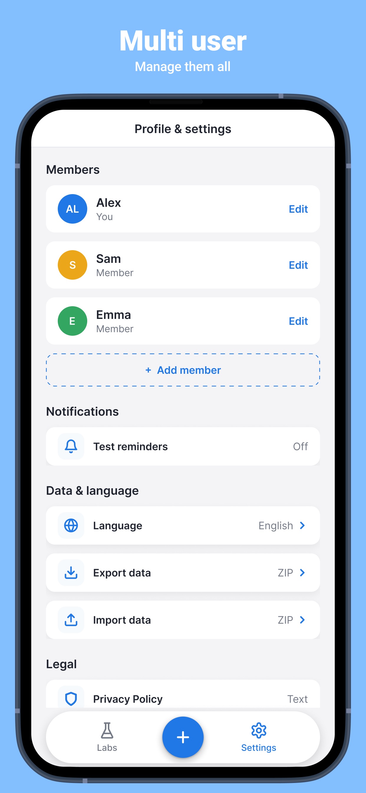 Blood Labs settings — manage family profiles on one device
