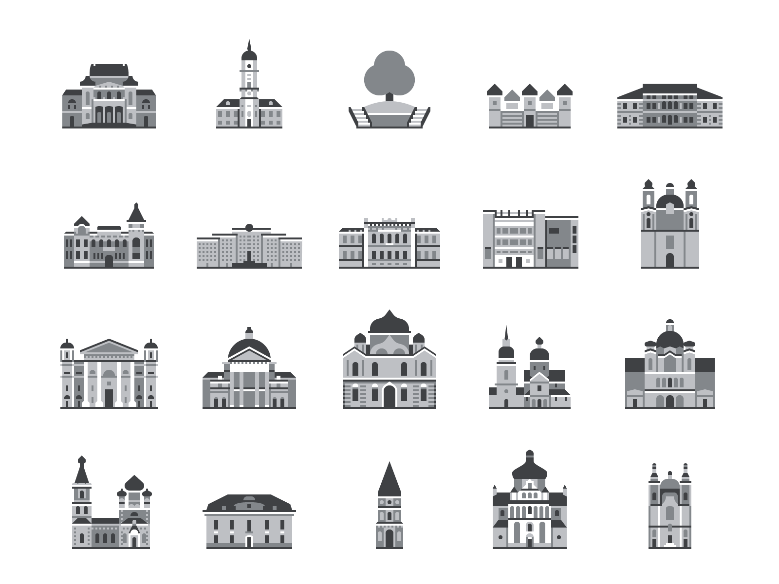 Grid of twenty grayscale geometric icons of Mahilioǔ buildings and landmarks.