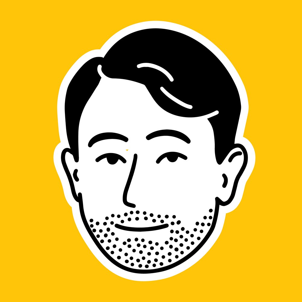 Line-art portrait of a man with stubble on yellow, thick white outline — second Kotka studio portrait.