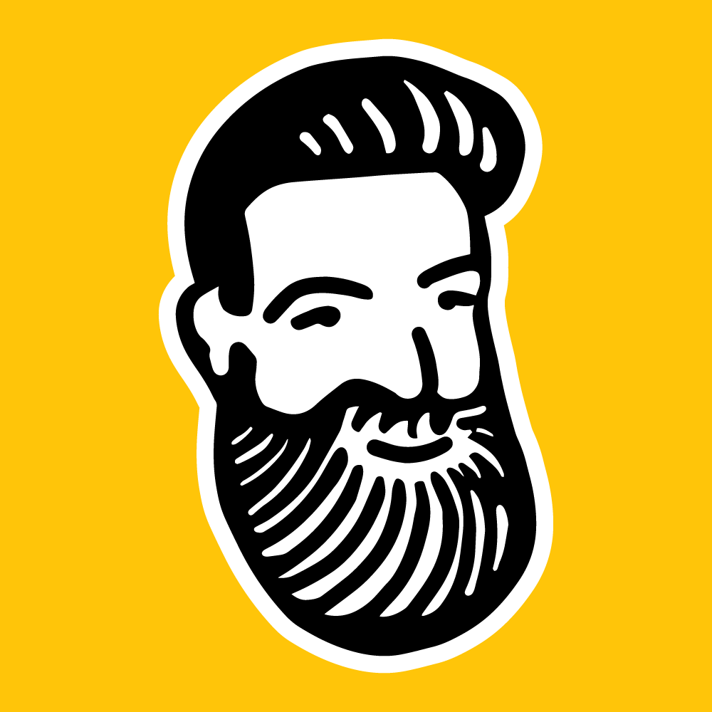 Stylized portrait of a bearded man in black on yellow, thick white outline — Kotka studio mark.