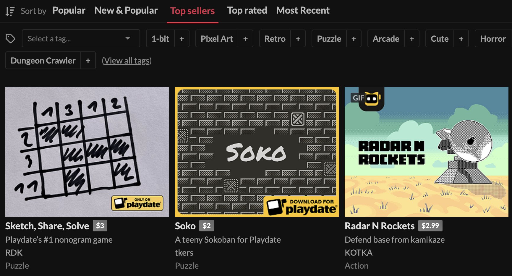 itch.io Playdate catalog on Top sellers, with Radar N Rockets listed beside Sketch, Share, Solve and Soko.