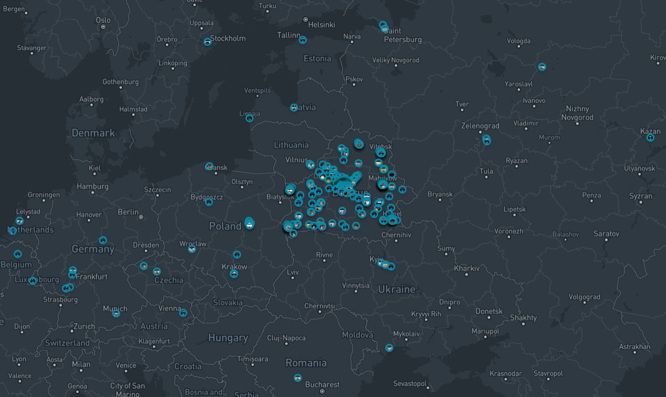 Dark map of Eastern Europe with person markers clustered over Belarus, densest in Minsk, and scattered across neighboring countries.